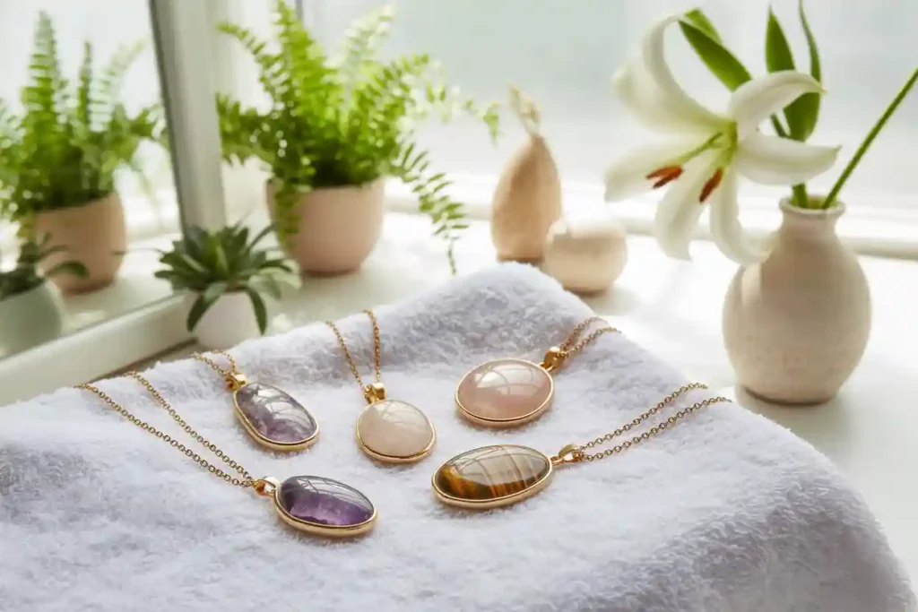 pendentifs avec des pierres naturelles différentes posés sur une serviette dans la salle de bain