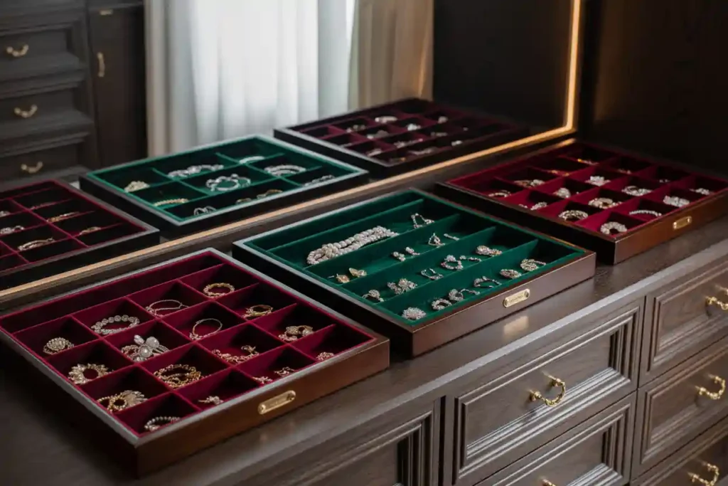 plateaux compartimentés en bois ou recouverts de velours pour ranger les bijoux