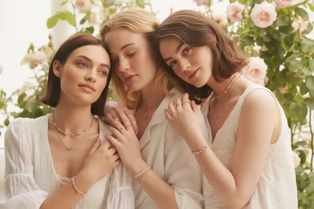 plusieurs femmes qui portent des bijoux en argent rose