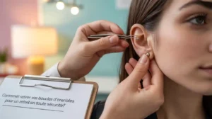 retrait des boucles d'oreilles médicales d'une femme en toute sécurité