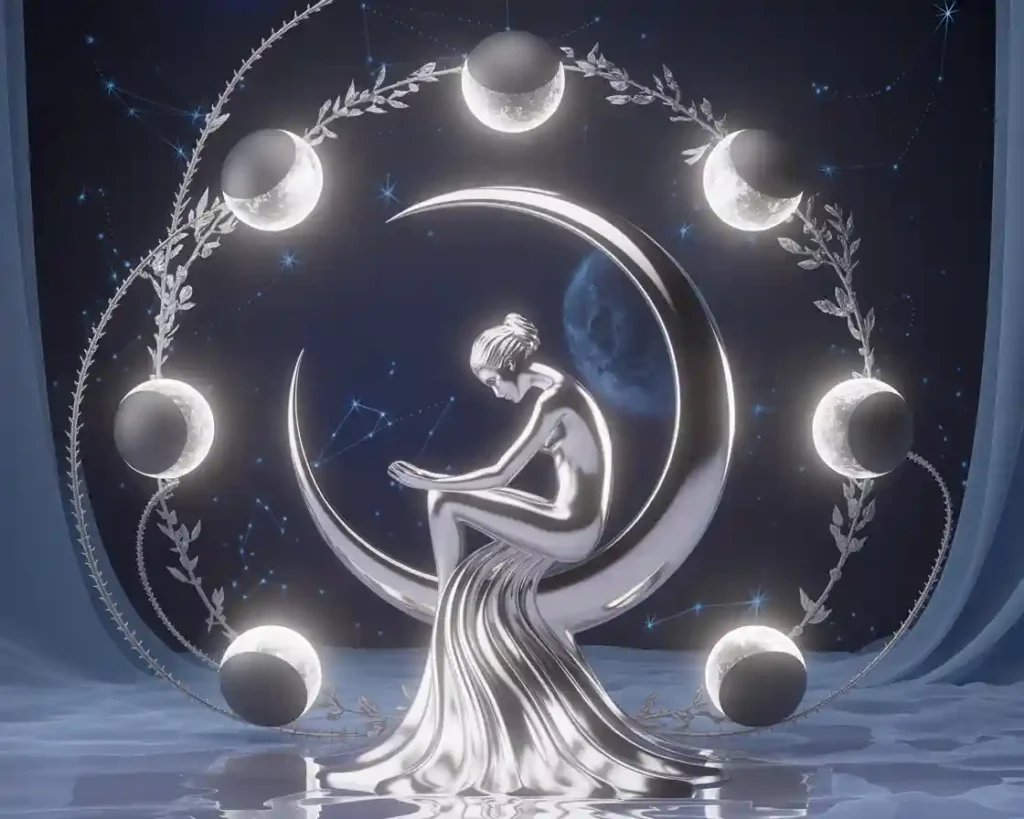 sculpture en argent d'une figure féminine entrelacée avec un croissant de lune