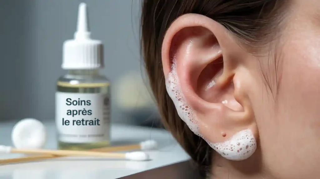 soin de l'oreille après retrait de la boucle d'oreille médicale