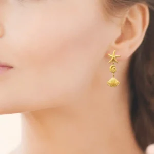 Boucles d'oreilles pendantes coquillages acier inoxydable doré