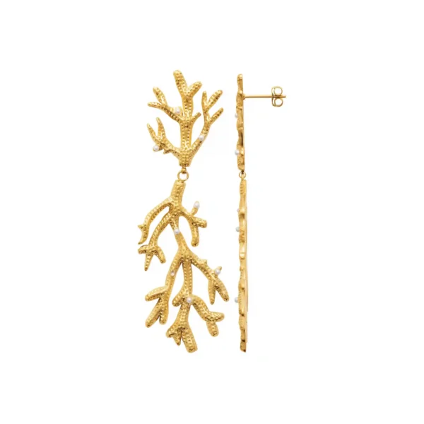 Boucles d'oreilles pendantes corail acier inoxydable doré