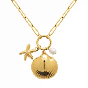 Collier étoile de mer coquillage et perle acier inoxydable doré