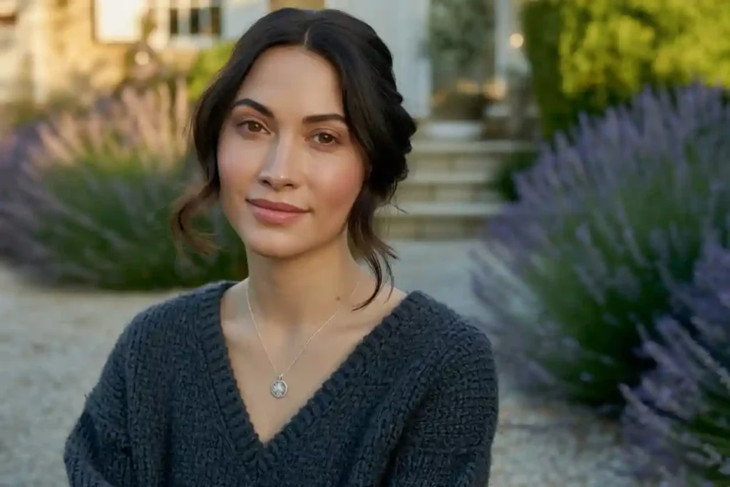 femme qui porte un beau pendentif avec un pull col V