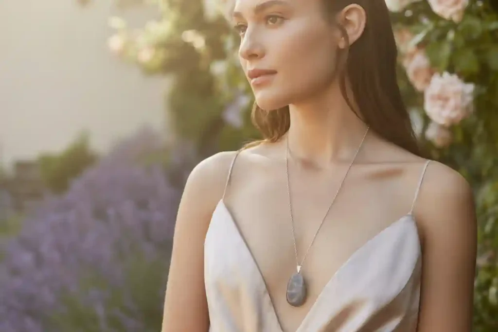 femme qui porte un sautoir avec pendentif