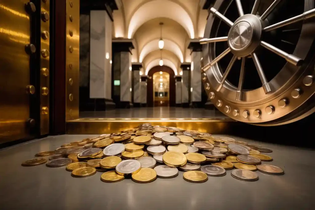 pièces d'or et d'argent dans un coffre de banque