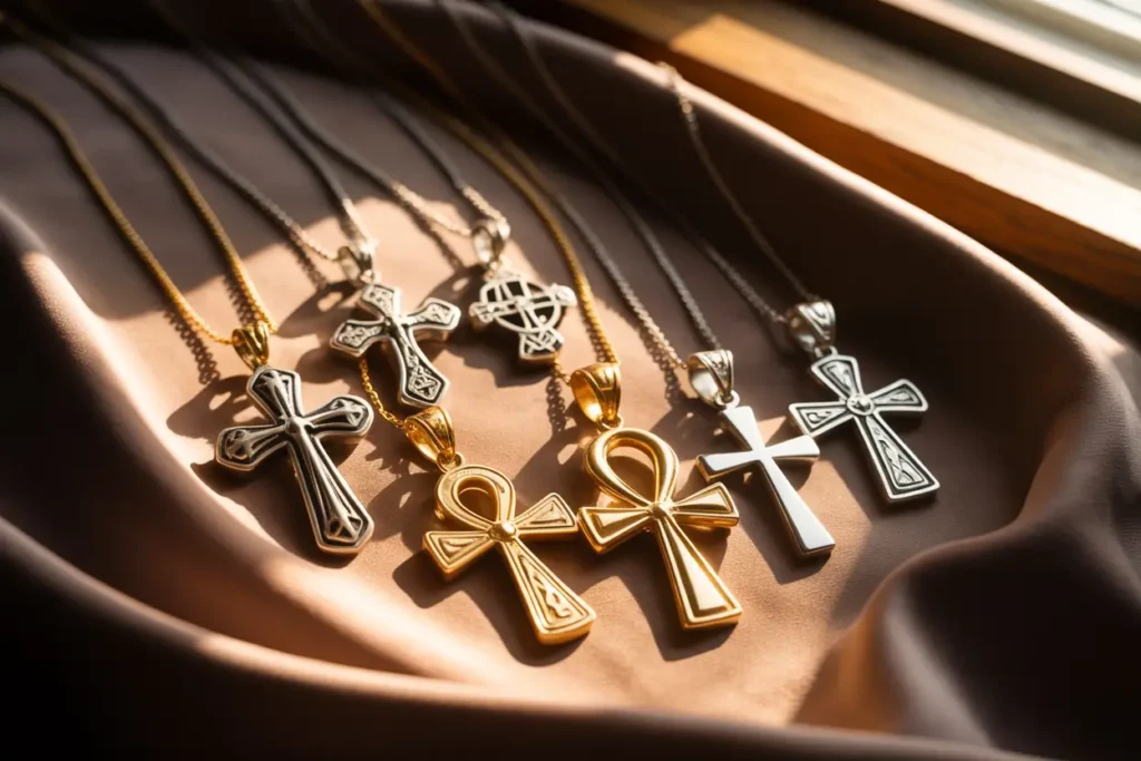 plusieurs colliers croix en or et argent