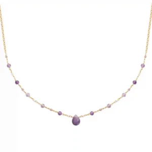 Collier goutte facettée et perles améthystes plaqué or