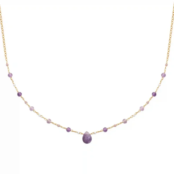 Collier goutte facettée et perles améthystes plaqué or Collier goutte facettée et perles améthystes plaqué or