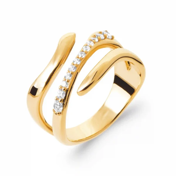 Bague large plaqué or lignes serpentines et diamants synthétiques Bague large plaqué or lignes serpentines et diamants synthétiques