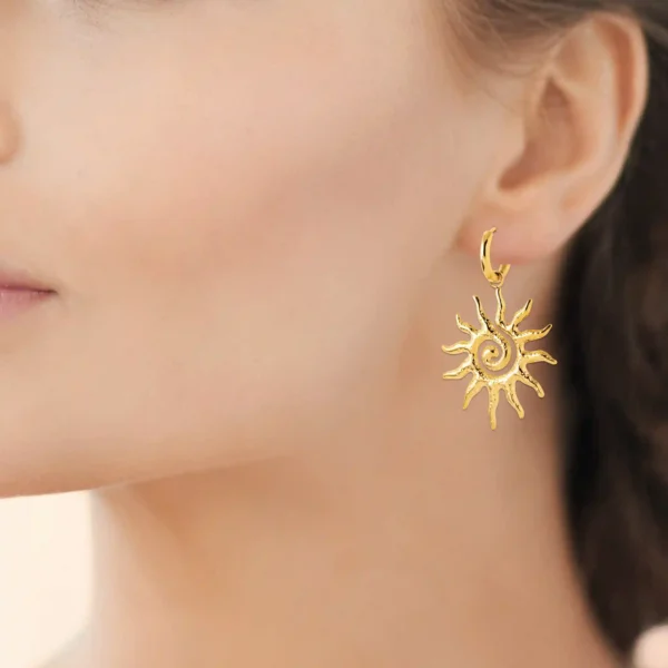 Boucles d'oreilles pendantes soleil en spirale acier inoxydable doré