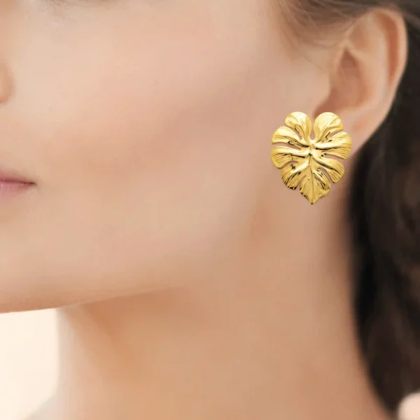 Clous d'oreilles grande feuille feuille acier inoxydable doré