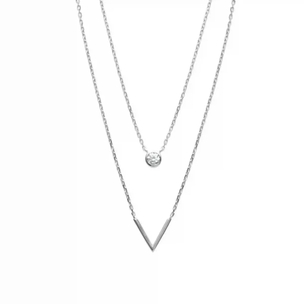 Collier double rangs argent rhodié pendentifs cercle et V Collier double rangs argent rhodié pendentifs cercle et V