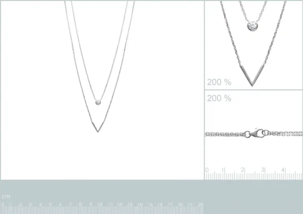 Collier double rangs argent rhodié pendentifs cercle et V Collier double rangs argent rhodié pendentifs cercle et V