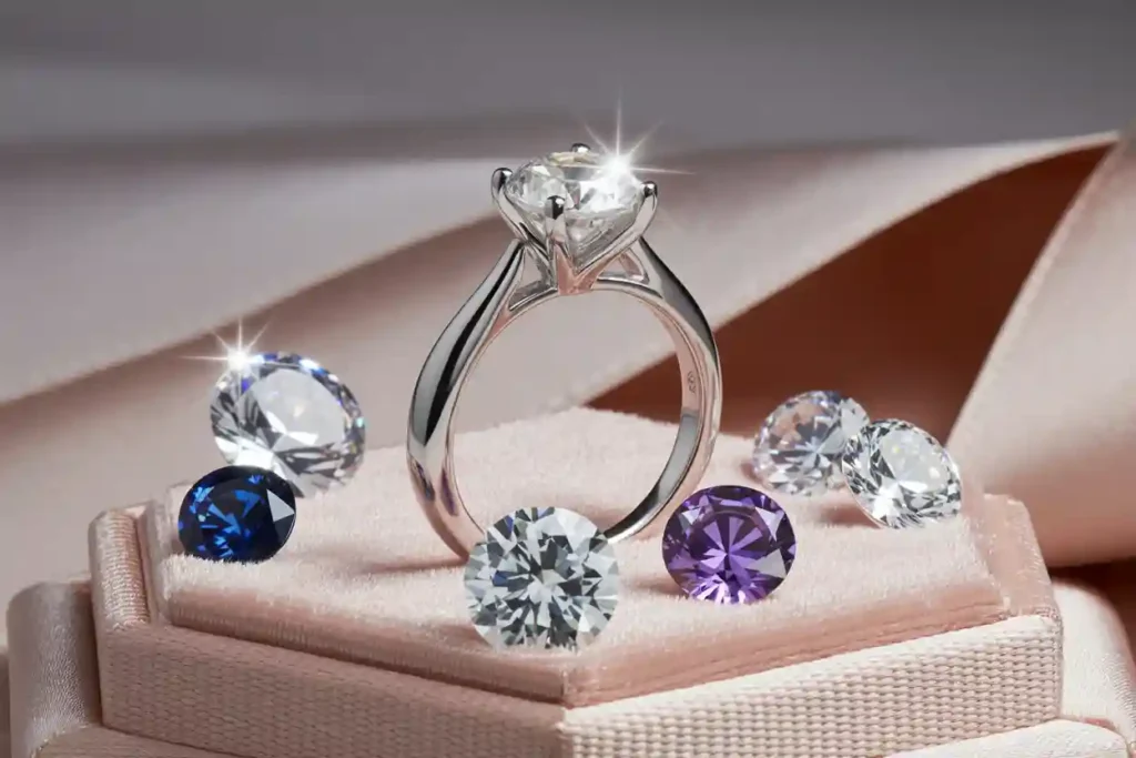 bague solitaire classique en or blanc poli entourée de pierres zircons cubiques saphirs bleus améthystes violettes