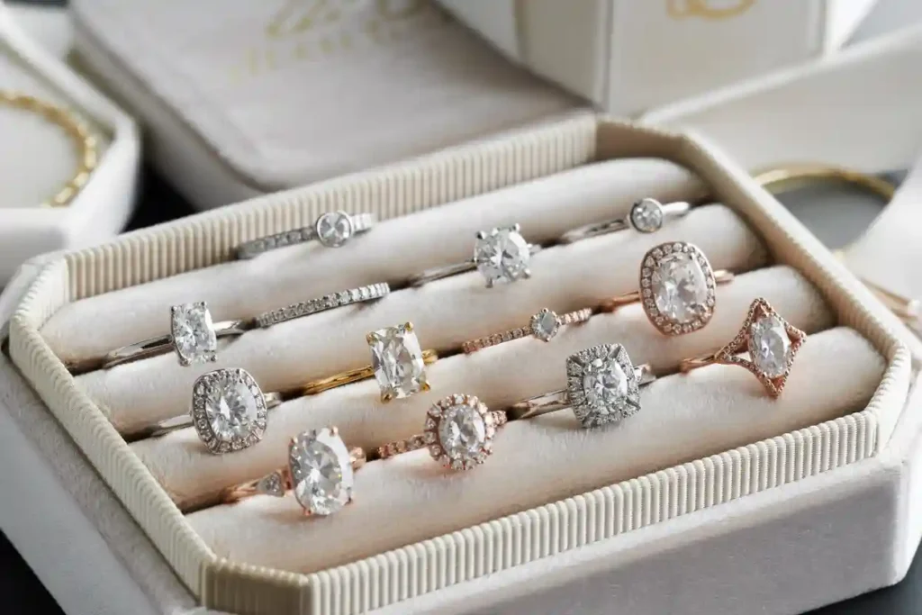 collection de bagues de fiançailles dans différents styles diamants solitaires montures vintage designs halo modernes