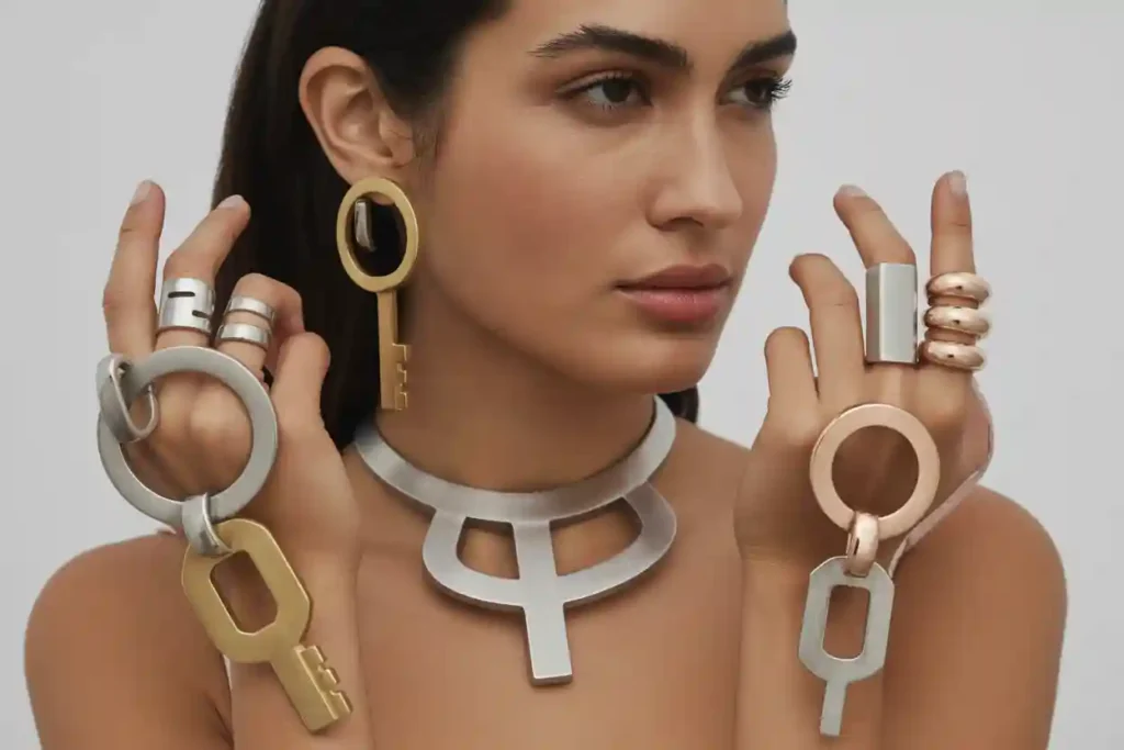 femme qui porte des bijoux tendance amulette clé et