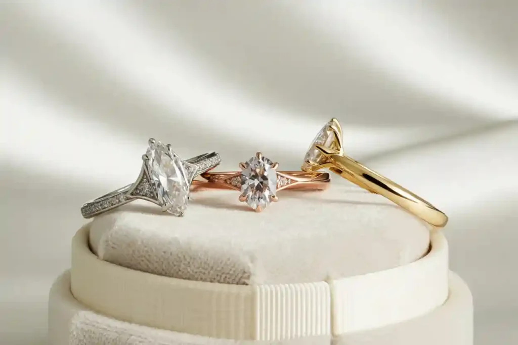 trois élégantes bagues de fiançailles exposées sur un velours blanc