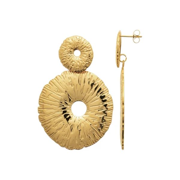 Boucles d'oreilles pendantes acier inoxydable doré double disque martelé Boucles d'oreilles pendantes acier inoxydable doré double disque martelé