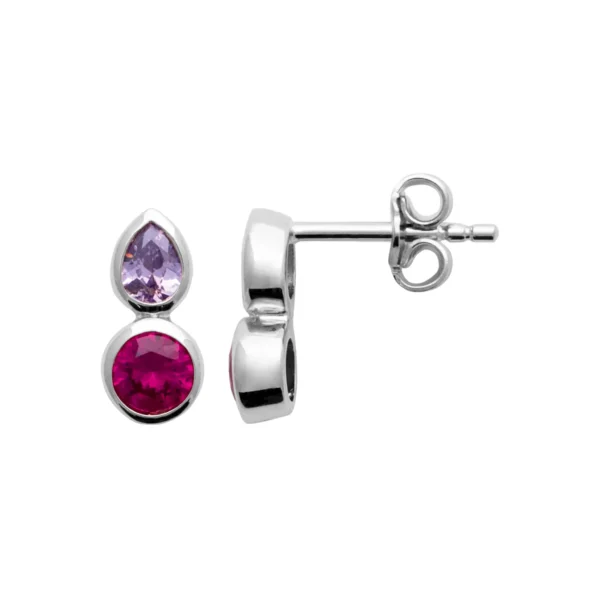 Clous d'oreilles argent rhodié pierres synthétiques améthyste et rubis Clous d'oreilles argent rhodié pierres synthétiques améthyste et rubis