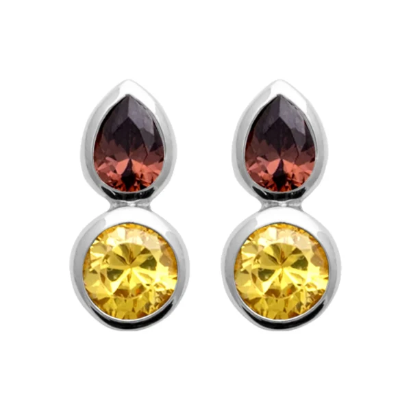 Clous d'oreilles argent rhodié pierres synthétiques grenat et citrine Clous d'oreilles argent rhodié pierres synthétiques grenat et citrine