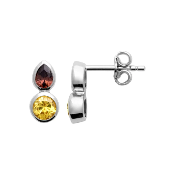 Clous d'oreilles argent rhodié pierres synthétiques grenat et citrine Clous d'oreilles argent rhodié pierres synthétiques grenat et citrine