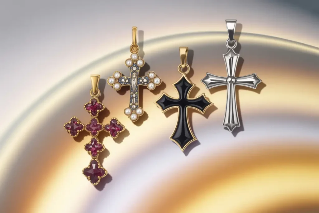 4 bijoux en forme de croix représentant des périodes différentes de l'histoire