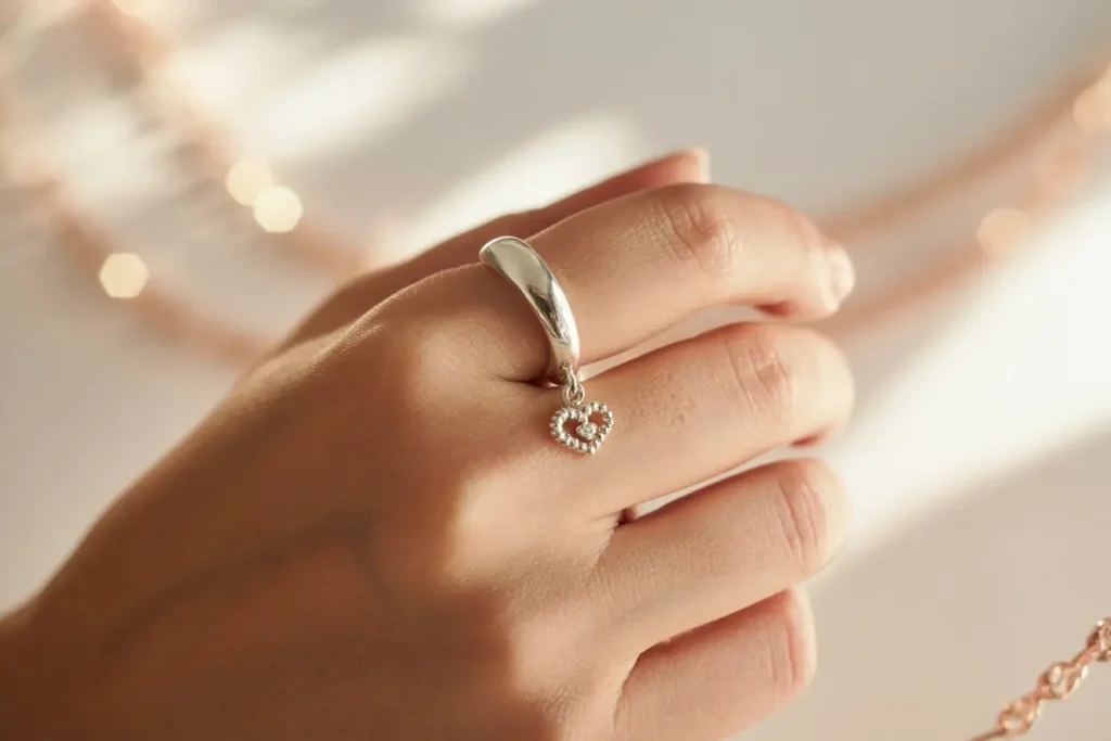 bague breloque coeur en gros plan sur index