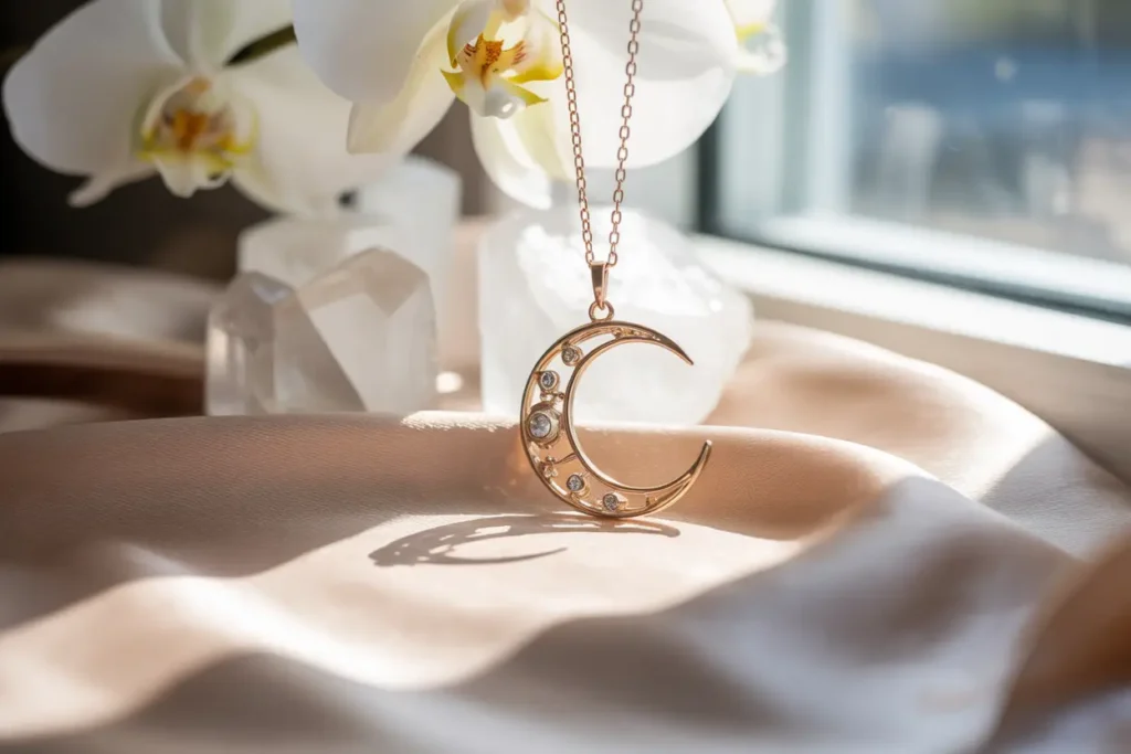 collier avec pendentif croissant de lune et zircons