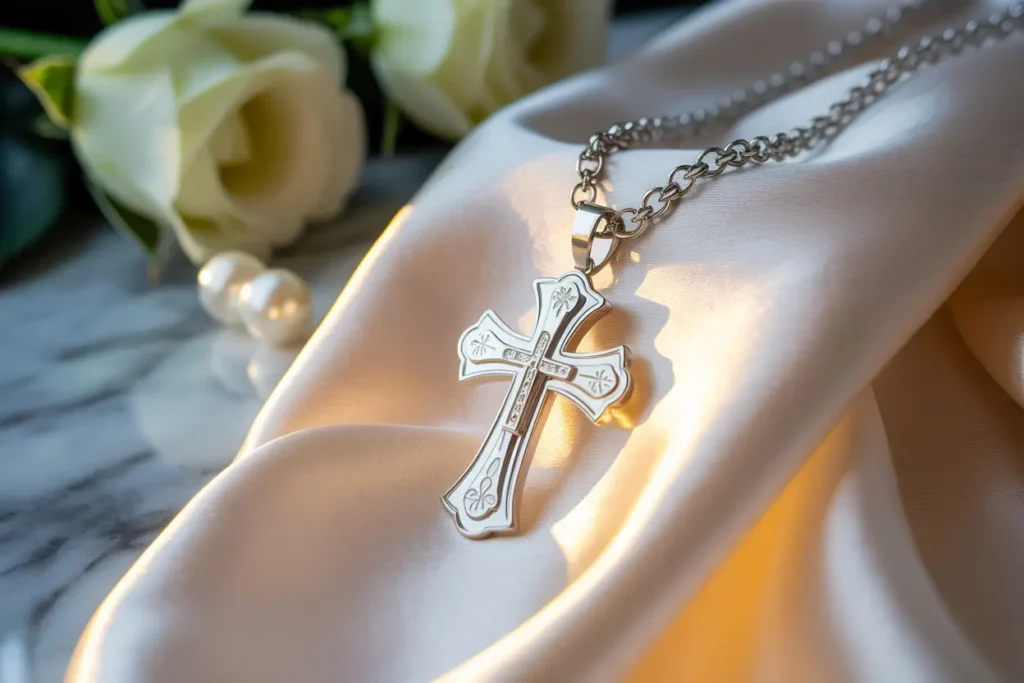 collier croix en argent gros plan