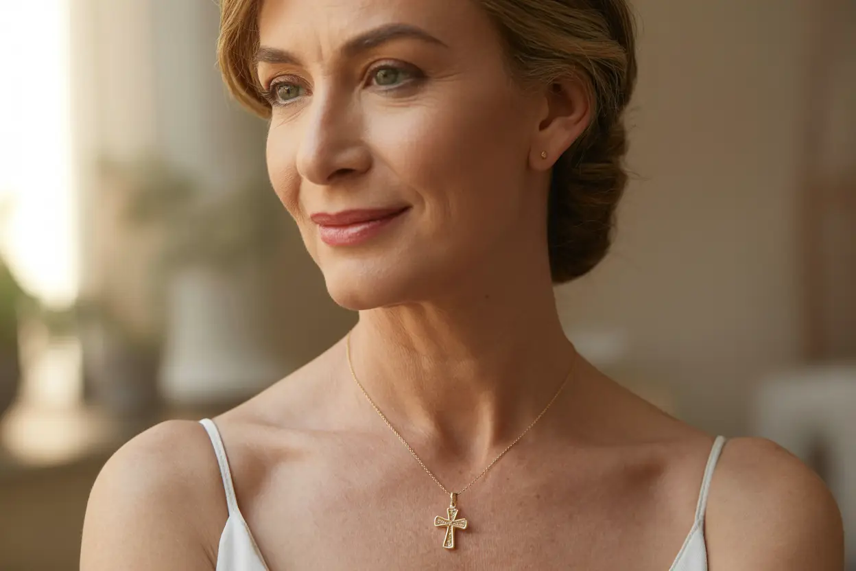 collier croix plaqué or porté