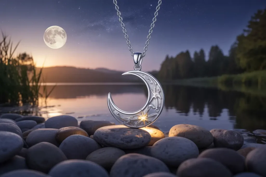 collier lune et étang sous la pleine lune