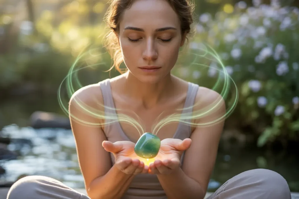 femme assise en tailleur quui reçoit les ondes positives de l'aventurine