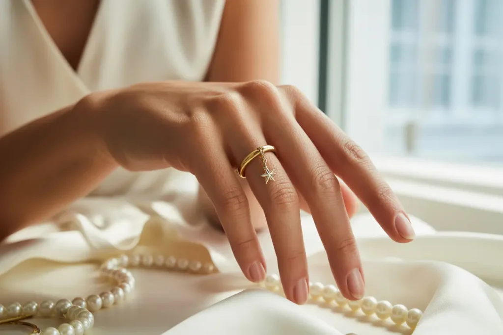 femme chic qui porte une bague breloque étoile en plaqué or