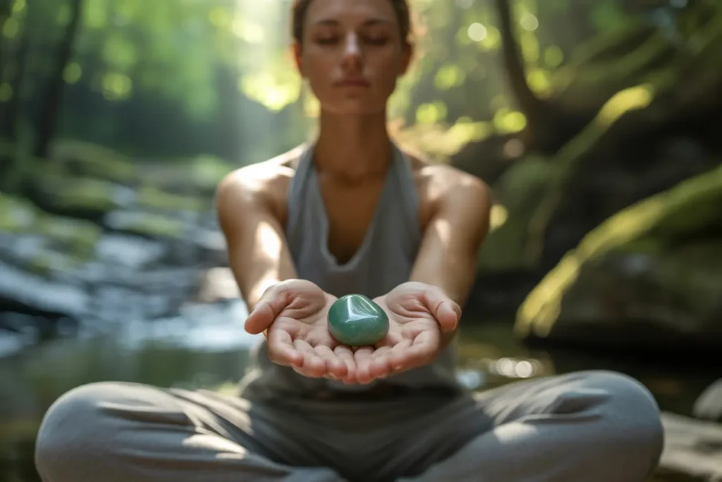 femme en position de méditation avec une aventurine dans les mains