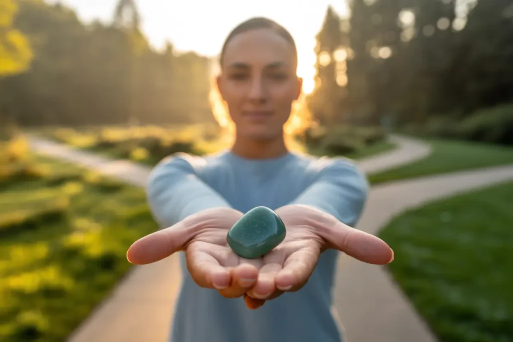femme heureuse qui tient ue belle aventurine vert foncé dans la main