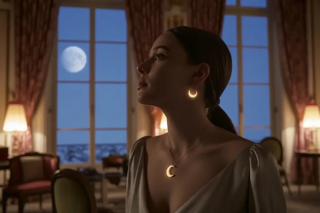 femme qui porte des boucles d'oreilles lune et un collier lune lumieux