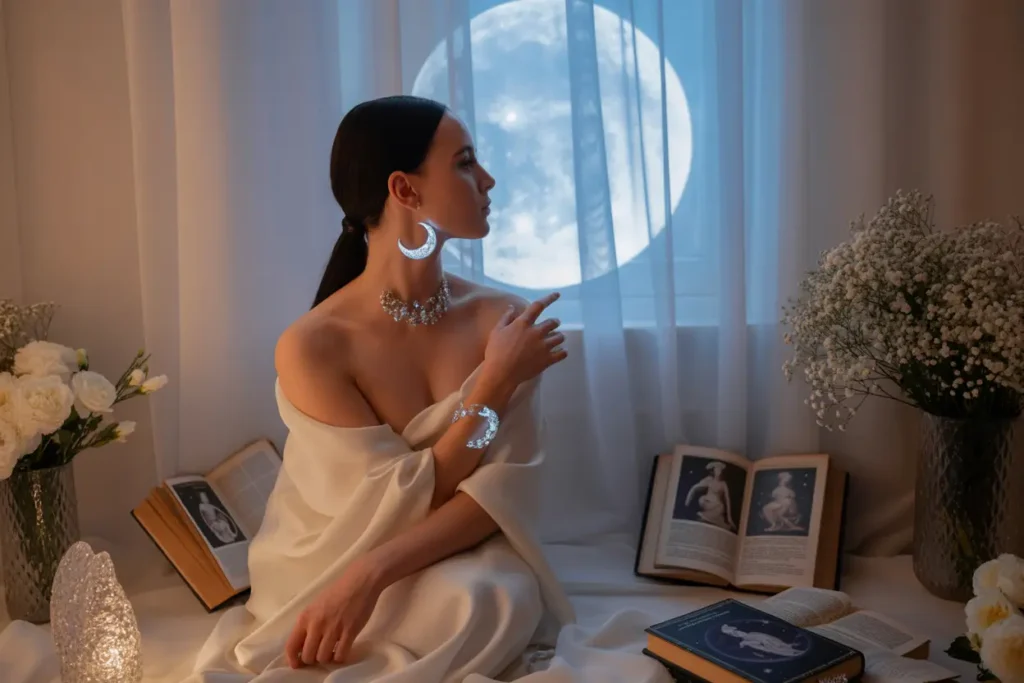 femme qui porte de grandes boucles d'oreilles pendantes un soir de pleine lune