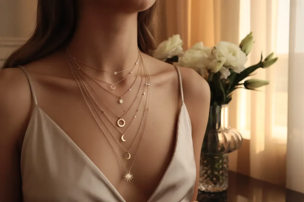 femme qui porte plusieurs colliers lune - soleil - étoile