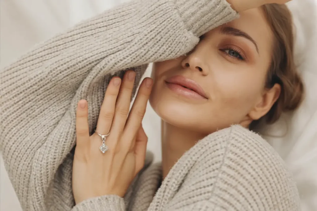 femme qui porte un pull en laine et une bague breloque