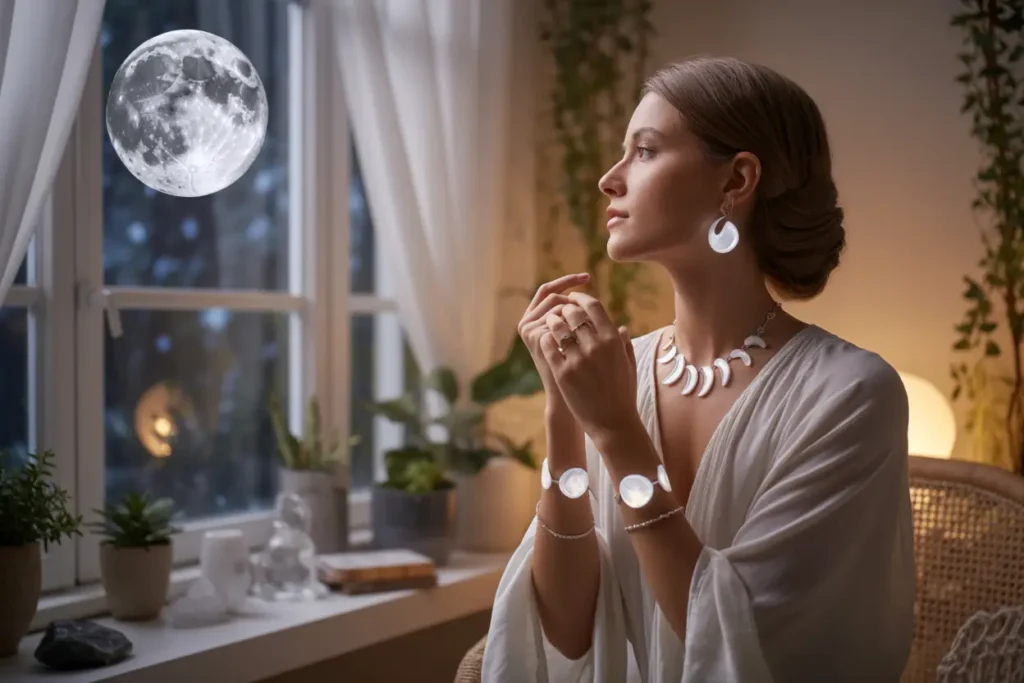 femme qui regarde la pleine lune de sa fenêtre
