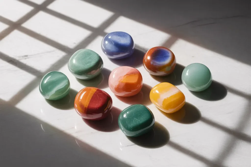 plusieurs aventurines de coleurs différentes aux énergies différentes