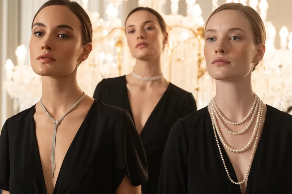 3 femmes en robe noire avec collier ras de cou - sautoir - cravate