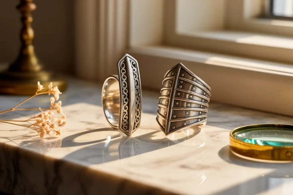 bague longue et bague armure en argent