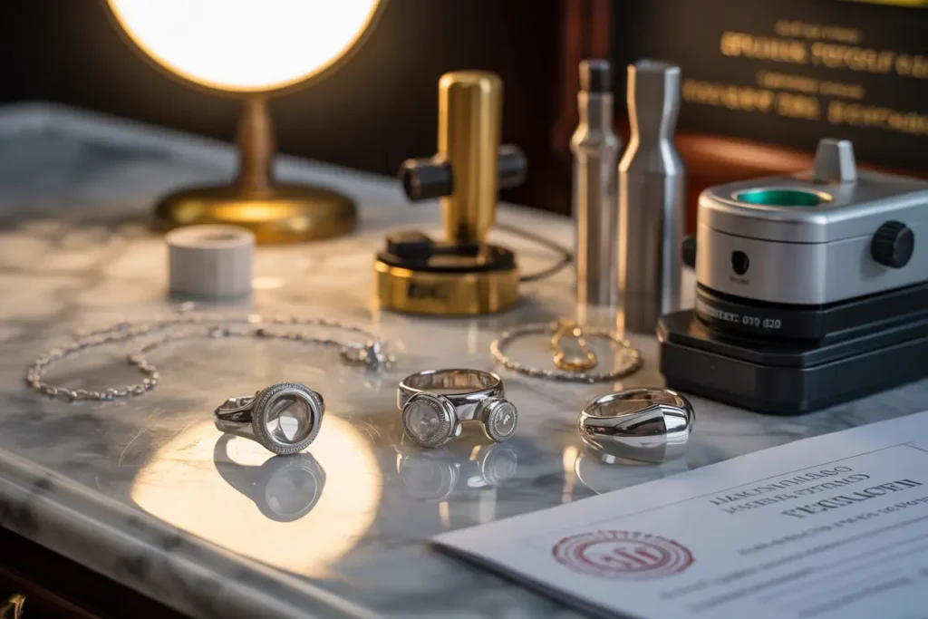 bijoux argent et or blanc sur bureau bijoutier