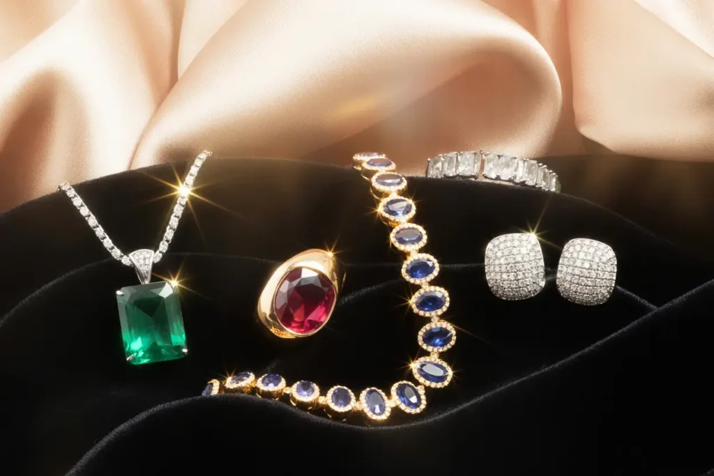 bijoux pierres précieuses sur robe noire