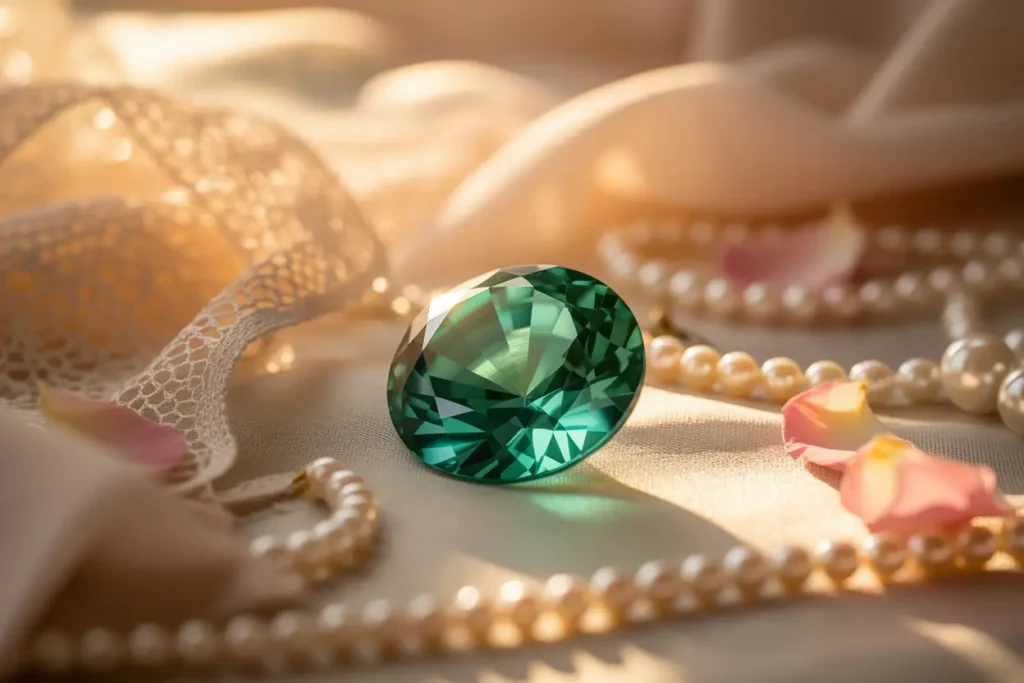émeraude et collier de perles gros plan