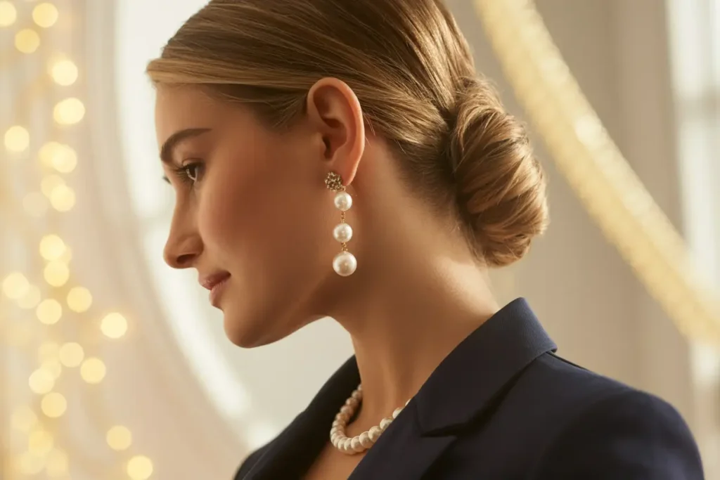 femme avec chignon quiu porte des boucles d'oreilles pendantes à 3 perles blanches